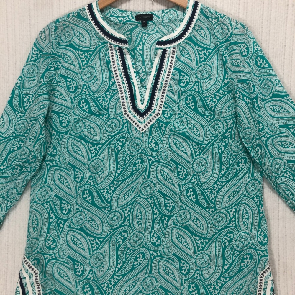 Talbots Womens Teal Paisley Split Neck 3/4 Sleeve Tunic Blouse Top Size M